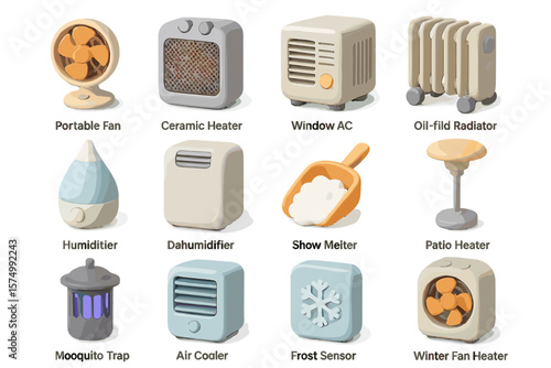 Various home heating and cooling appliances in a grid layout