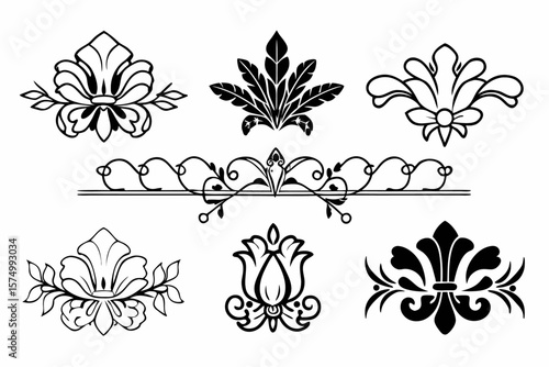 Elegant black floral borders and decorative elements for design projects