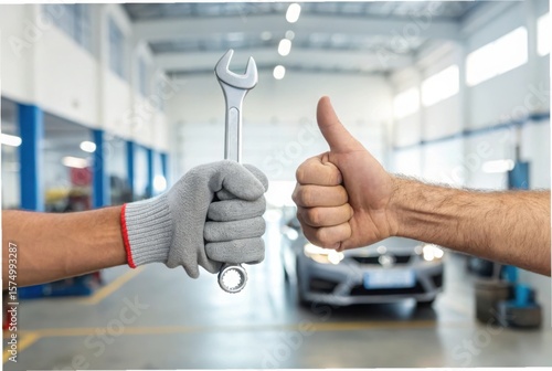 Mechanic gives thumbs up holding a wrench in a car repair shop