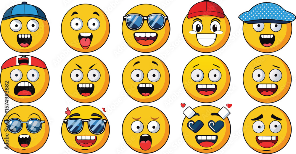 Obraz premium Flat Style Emoji Faces in Multiple Colors and Expressions with Accessories Like Masks and Sunglasses Fun Vector Grid