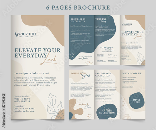 6 pages brochure, corporate design template for business brochure cover. Graphic design layout, graphic elements. Fashion brand and corporate minimal brochure.