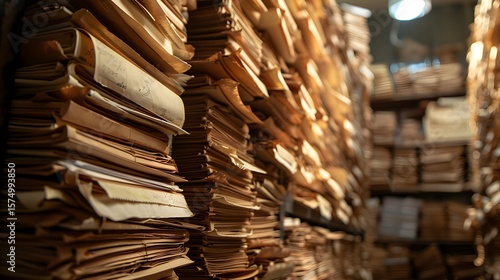 Close-up view of aged paper documents stacked in a storage room.