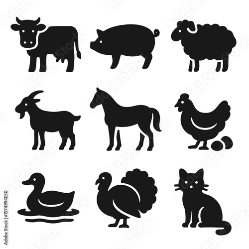 Farm Animal Icons. Solid vector icons of farm animals: cow icon, pig silhouette, sheep with wool, goat with horns, horse standing,
