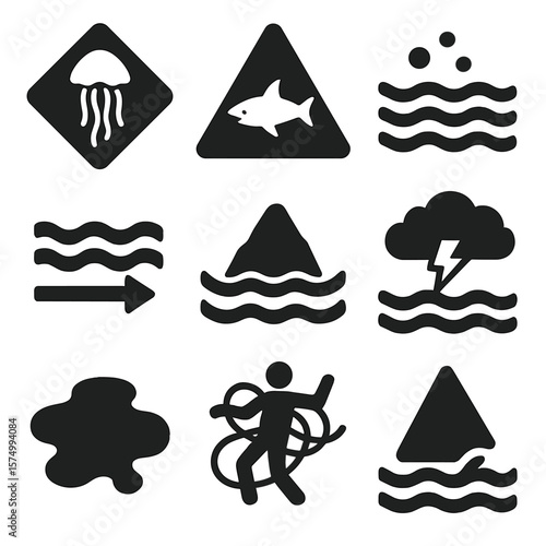 Marine Hazard Icons. Solid vector icons of marine hazards: jellyfish warning sign, shark alert triangle, red tide icon, strong