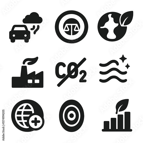 Environmental Icons Collection. Solid vector icons of environmental benefits: reduced emissions icon, carbon neutral symbol, earth