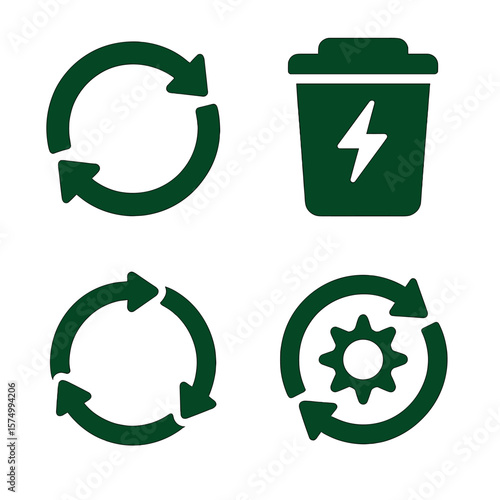 Sustainable Cycle Icons. Solid vector icons of recycling and energy loop: closed loop system icon, energy recovery bin, green loop