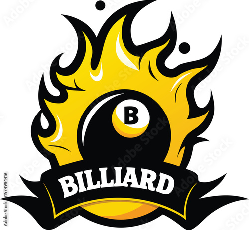 Fiery billiard ball emblem with bold text isolated on transparent background