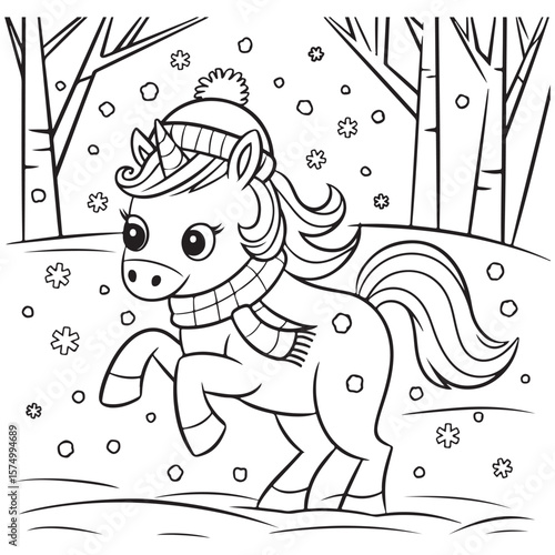 Cute Unicorn Coloring Pages with Black and white vector illustration