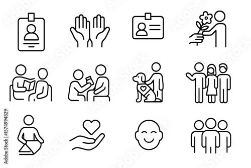 Outline icons of community, support, and accessibility concepts