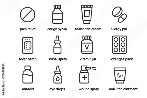 Medical essentials: pain relief, cough syrup, antiseptic cream, allergy pills