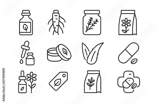 Set of natural product icons featuring herbs, roots, and capsules on dark background