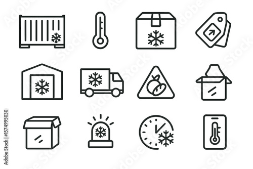 Cold storage and transportation icons for temperature-controlled logistics