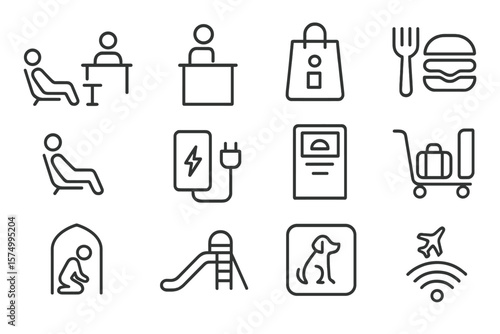 Minimalist icon set: office, travel, shopping, dining, and recreation symbols