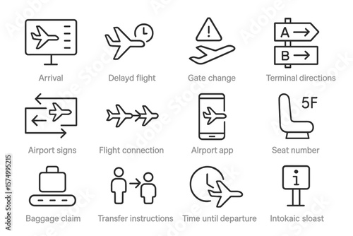 Airport navigation icons: travel, flight, directions, connection, luggage, seat