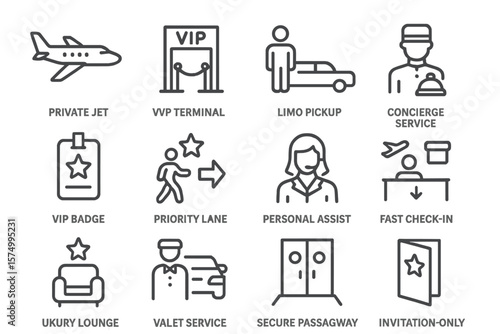 Luxury travel icons: jet, vip terminal, limo, concierge, lounge, fast check-in