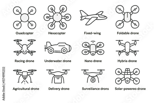 Various drone types: quadcopter, hexacopter, nano, foldable, solar-powered