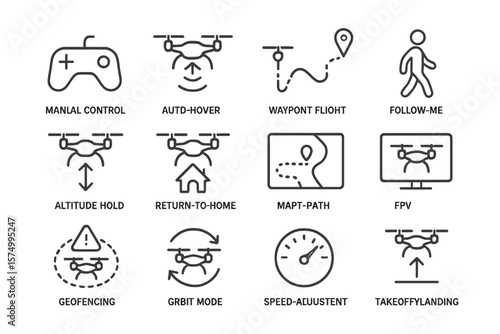 Drone control icons featuring manual, altitude, navigation, safety, and flight modes