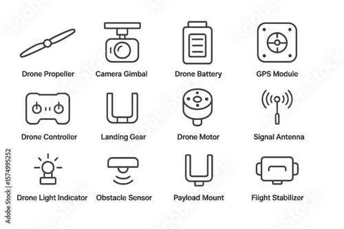 Drone component icons featuring propeller, camera, battery, gps, and more