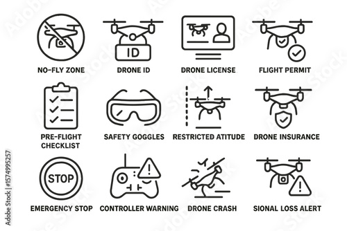Drone safety icons and regulations overview in black and white set