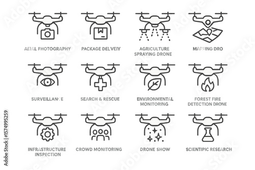 Drone icons for surveillance, delivery, mapping, and environmental monitoring