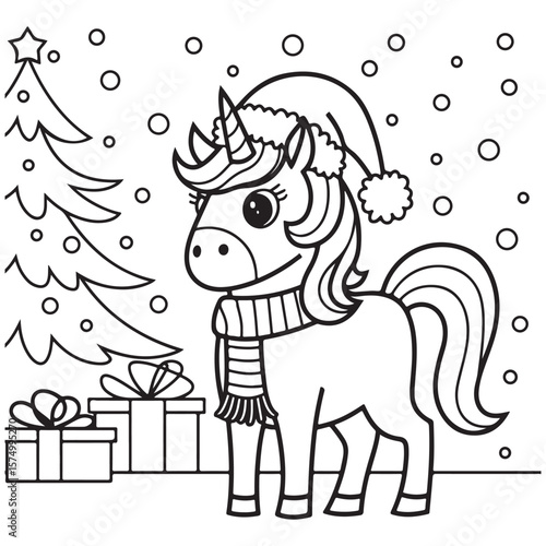 Cute Unicorn Coloring Pages with Black and white vector illustration