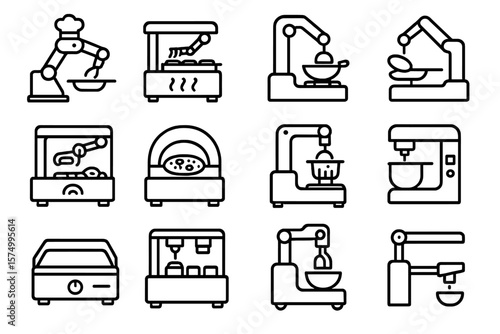 Robotic kitchen appliances icons on dark background