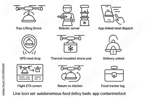 Line icons of autonomous food delivery tools and drone technology