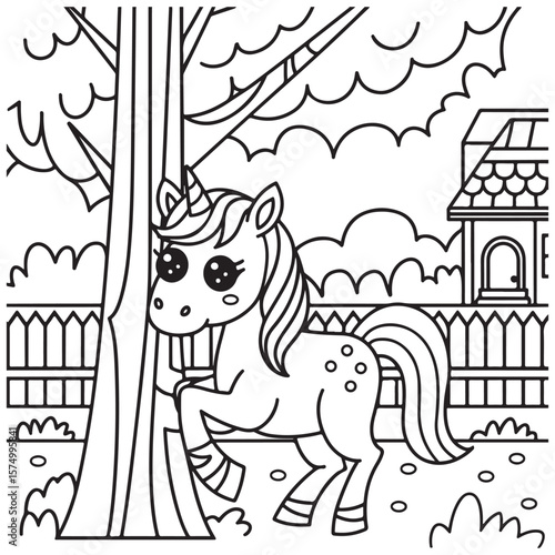 Cute Unicorn Coloring Pages with Black and white vector illustration
