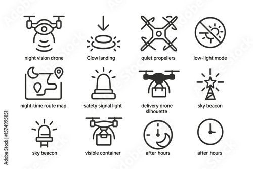 Drone icons for night vision, safety, and delivery operations