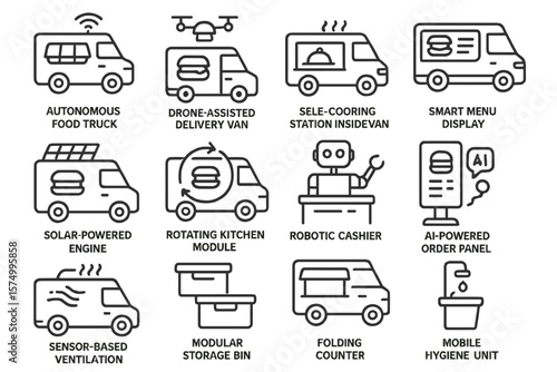 Innovative food truck technology icons with ai and drone assistance