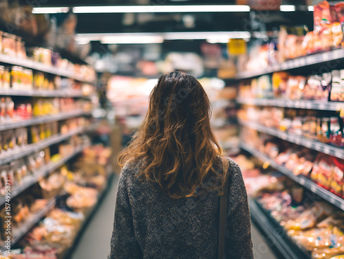 Wallpaper Mural Woman walks down a grocery store aisle looking at products on shelves Torontodigital.ca