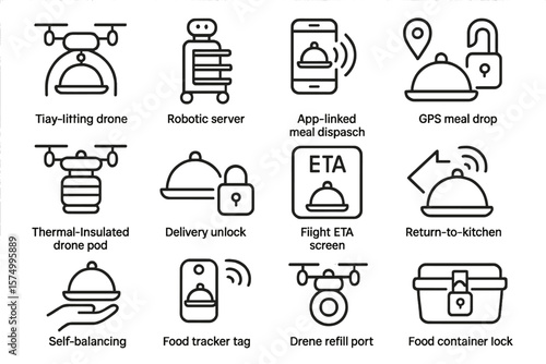 Innovative food delivery: drone, robotics, and app integration icons