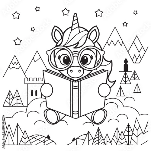 Cute Unicorn Coloring Pages with Black and white vector illustration