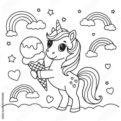 Cute Unicorn Coloring Pages with Black and white vector illustration