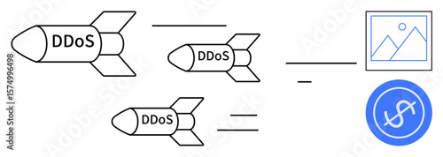 Missiles labeled DDoS attacking visuals of digital content and monetary symbols. Ideal for cybersecurity, cyber threats, hacking, IT security, online attacks, data safety, simple flat metaphor