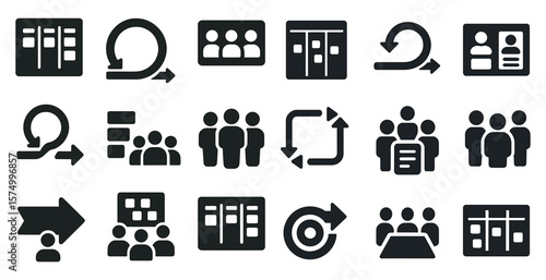 Black icons depicting business processes, teamwork, flowcharts, and meetings.