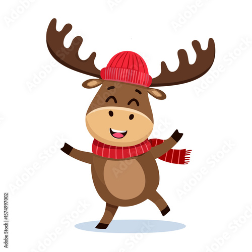 Cute Cartoon Dancing Moose Character Wearing a Winter Hat and Scarf Isolated on a Transparent Background