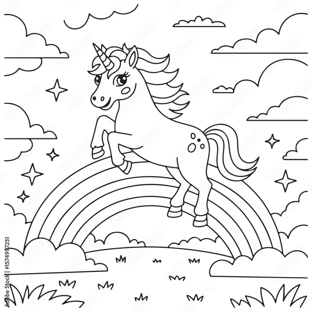 Fototapeta premium Cute Unicorn Coloring Pages with Black and white vector illustration