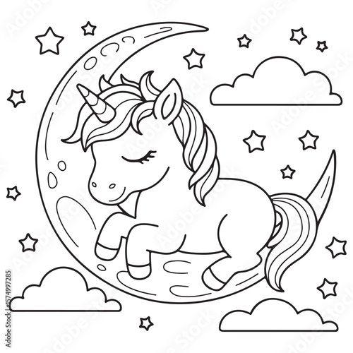 Cute Unicorn Coloring Pages with Black and white vector illustration