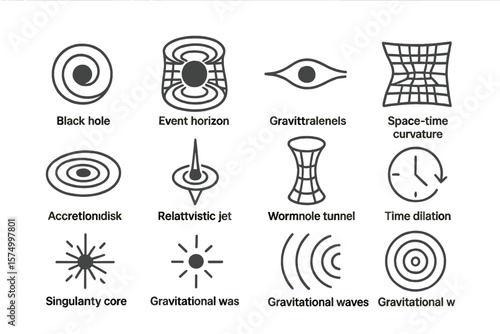 Astrophysics symbols: black hole, wormhole, gravitational waves, time dilation