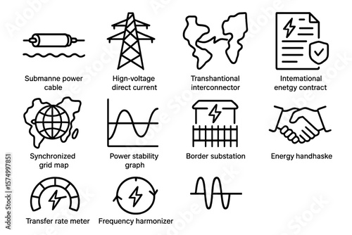 Energy infrastructure icons: power cable, grid map, contract, substation