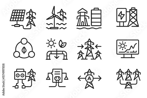 Renewable energy icons: solar, wind, hydro, battery, power, grid, sustainability