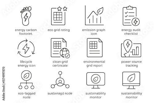 Eco icons for carbon footprint, energy audit, emission graph, sustainability