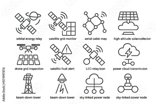 Energy and communication icons: solar, satellite, grid, drone, power, cloud