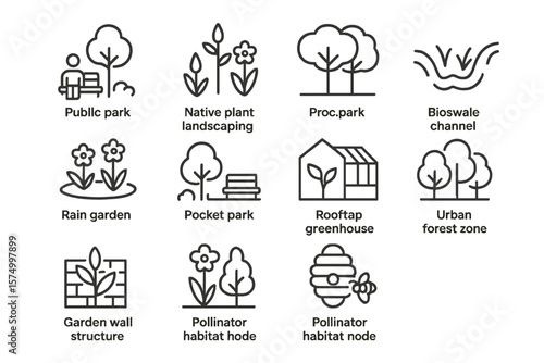 Urban park icons set with green infrastructure and sustainable garden designs