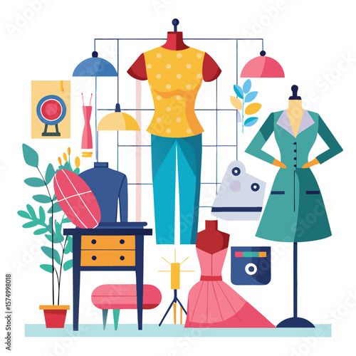 Colorful collection of clothing and accessories in a fashion design studio