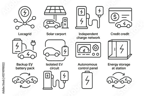 Electric vehicle charging icons with battery and network designs