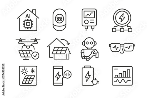 Smart home ai and renewable energy technology icons on gray background