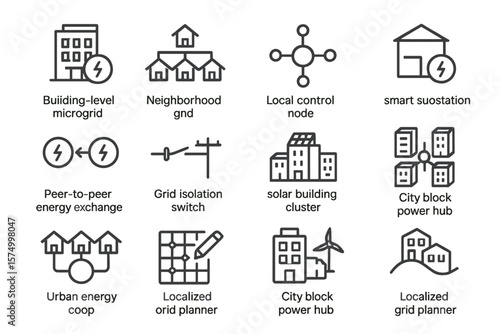 Smart energy grid icons: local control, microgrid, solar, power hub, planner