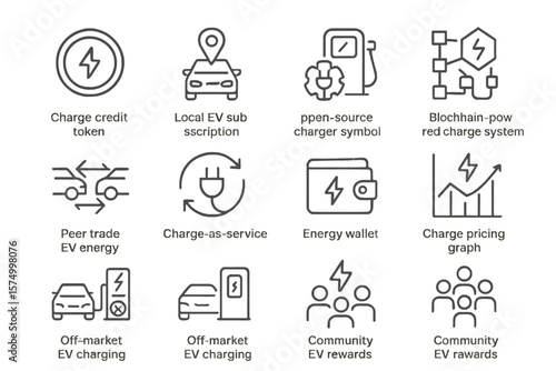 Innovative electric vehicle charging solutions and technologies icons